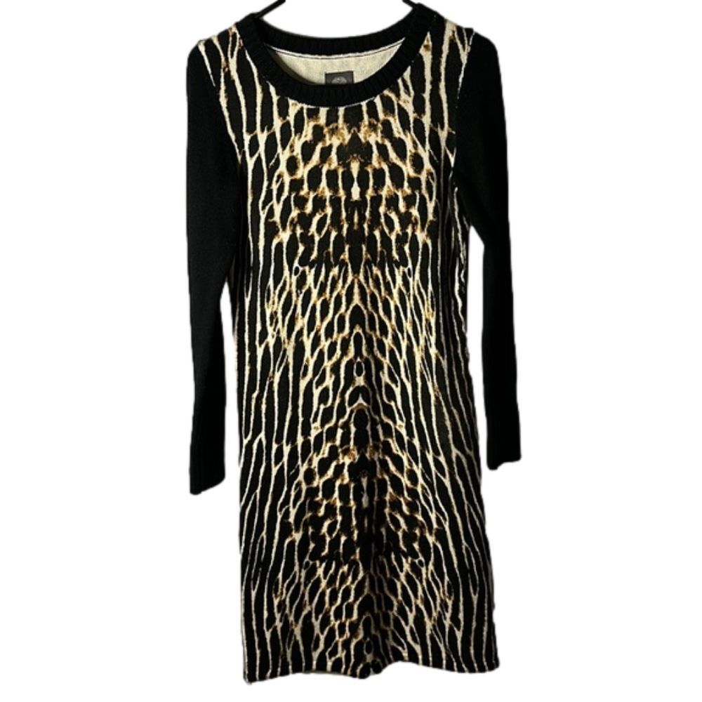 Vince Camuto Animal Print Sweater Dress Black Brown Beige Size Small
